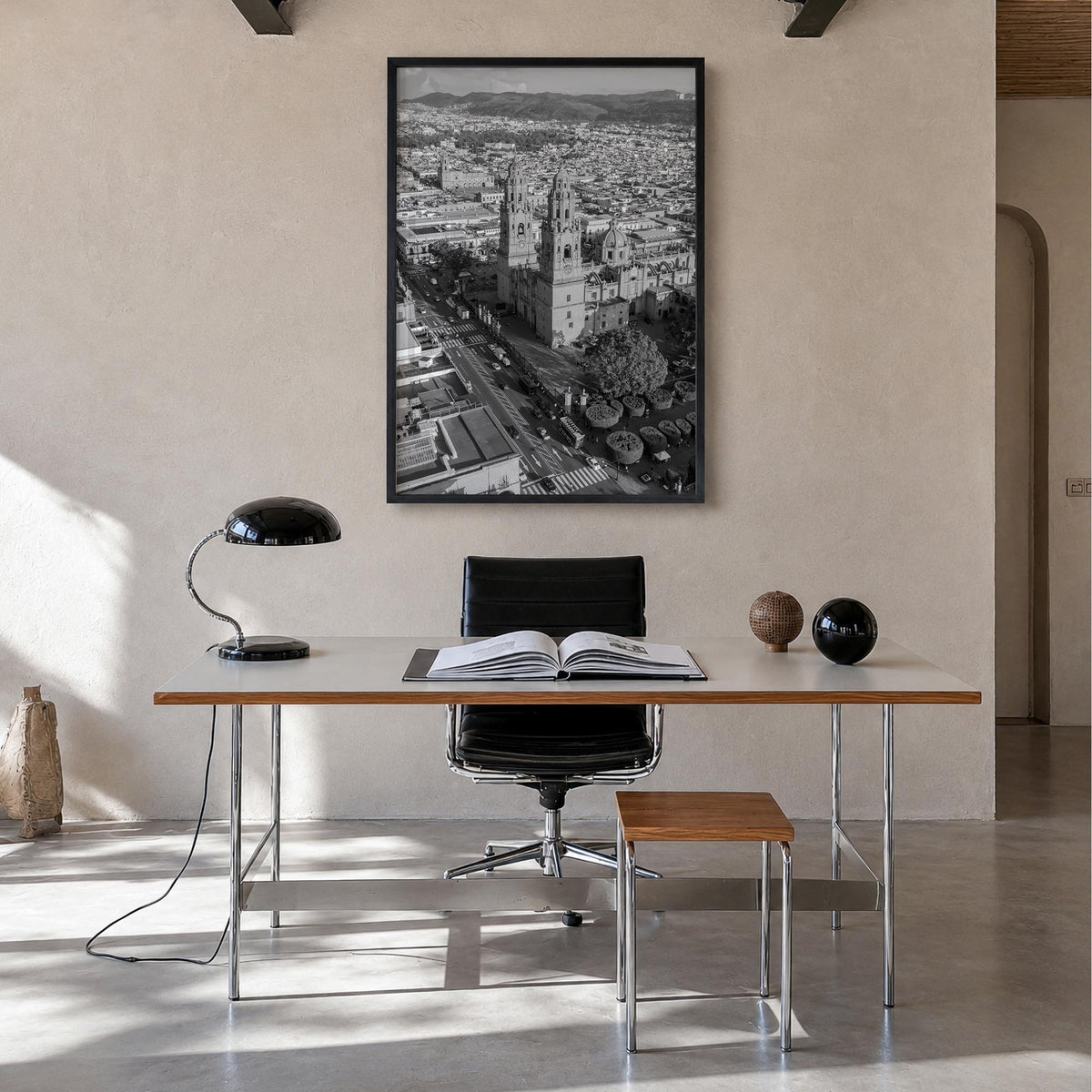Morelia black & white photo poster of Mexico – vertical wall art in black wood frame, hanging on wall