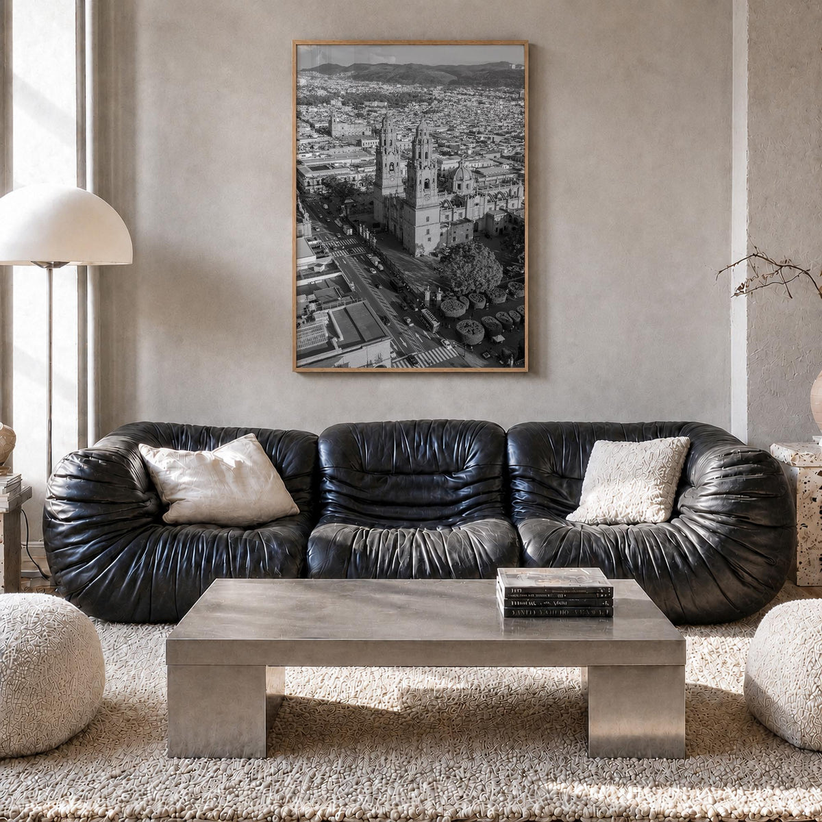Morelia black & white photo poster of Mexico – vertical wall art in natural wood frame, hanging on wall