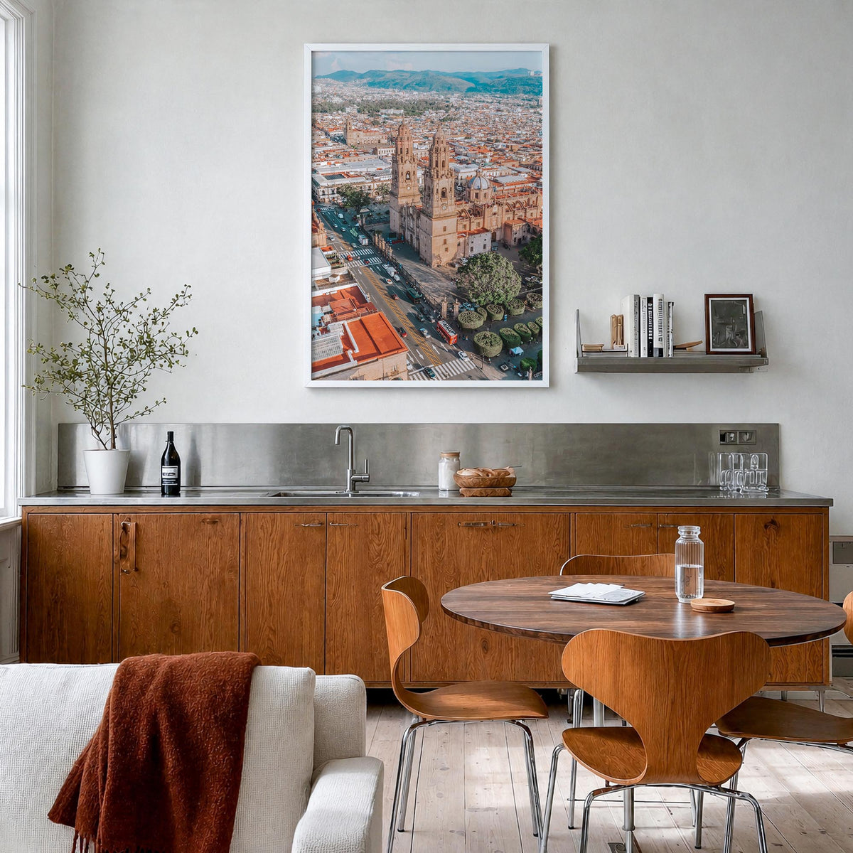 Morelia colorful photo poster of Mexico – vertical wall art in white wood frame, hanging on wall