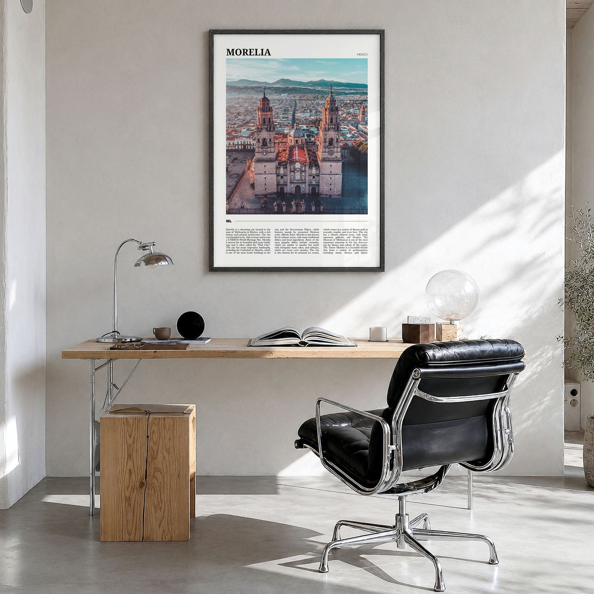 Morelia Travel Poster in a black wood frame, hanging in a bright home office