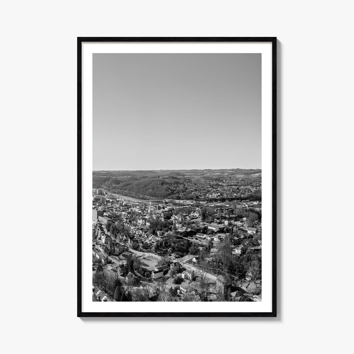 Morgantown black & white photo poster of West Virginia, USA – vertical wall art, unframed print shown in interior mockup
