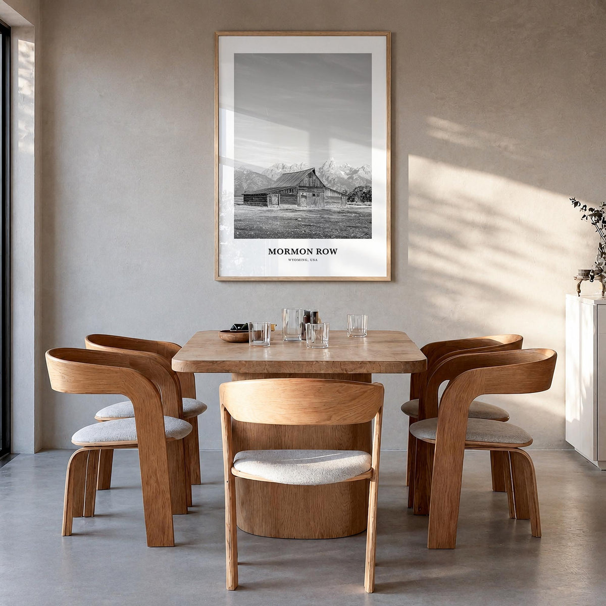 Mormon Row black & white classic poster of Wyoming, USA – vertical wall art in natural wood frame, hanging on wall