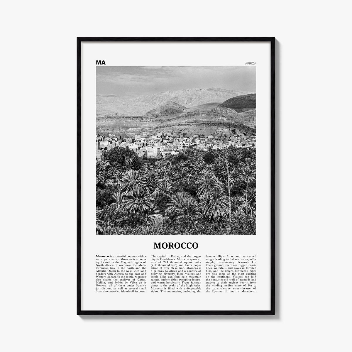 Morocco black & white newspaper poster of Africa – vertical wall art, unframed print shown in interior mockup