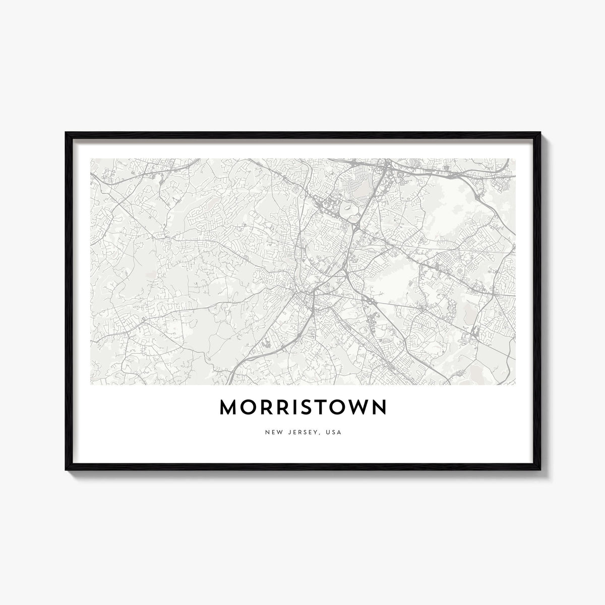 Morristown black & white map poster of New Jersey, USA – horizontal wall art, unframed print shown in interior mockup
