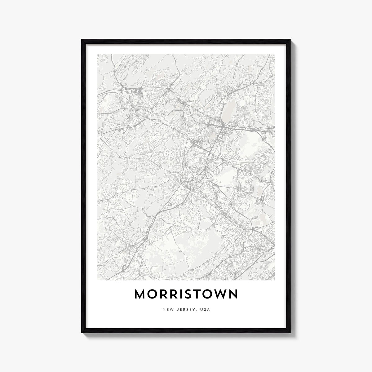 Morristown black & white map poster of New Jersey, USA – vertical wall art, unframed print shown in interior mockup