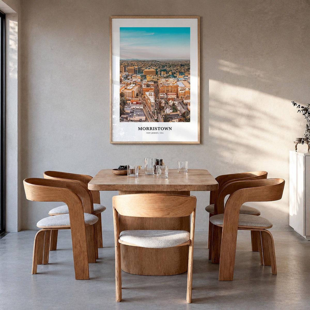 Morristown colorful classic poster of New Jersey, USA – vertical wall art in natural wood frame, hanging on wall
