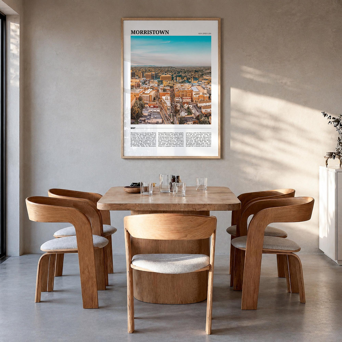Morristown colorful travel poster of New Jersey, USA – vertical wall art in natural wood frame, hanging on wall