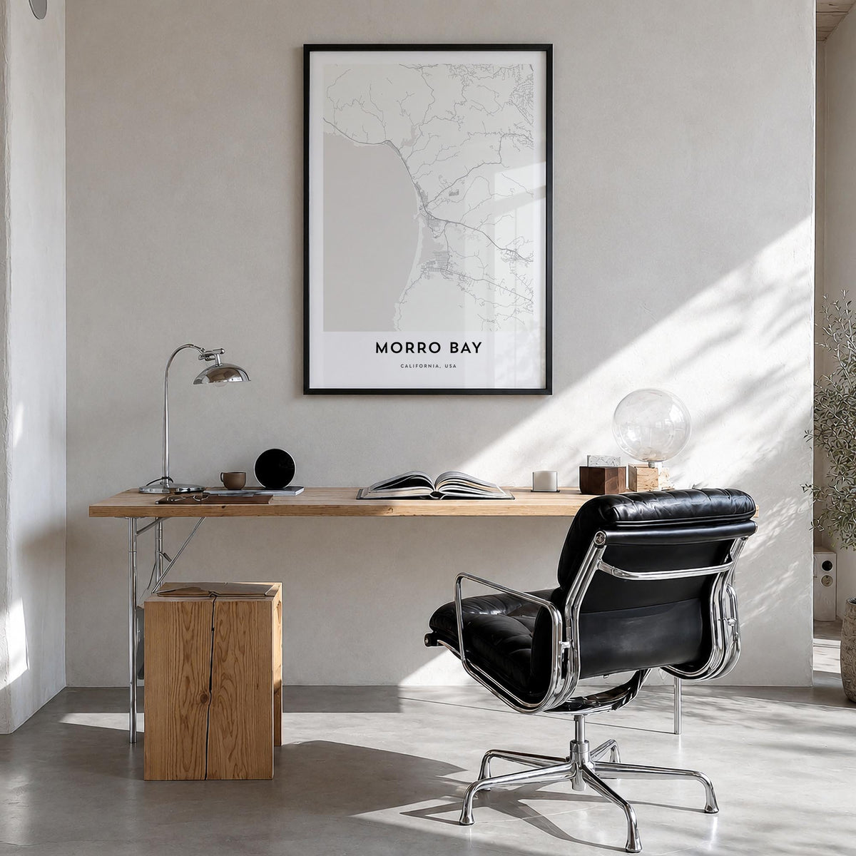Morro Bay black & white map poster of California, USA – vertical wall art in black wood frame, hanging on wall
