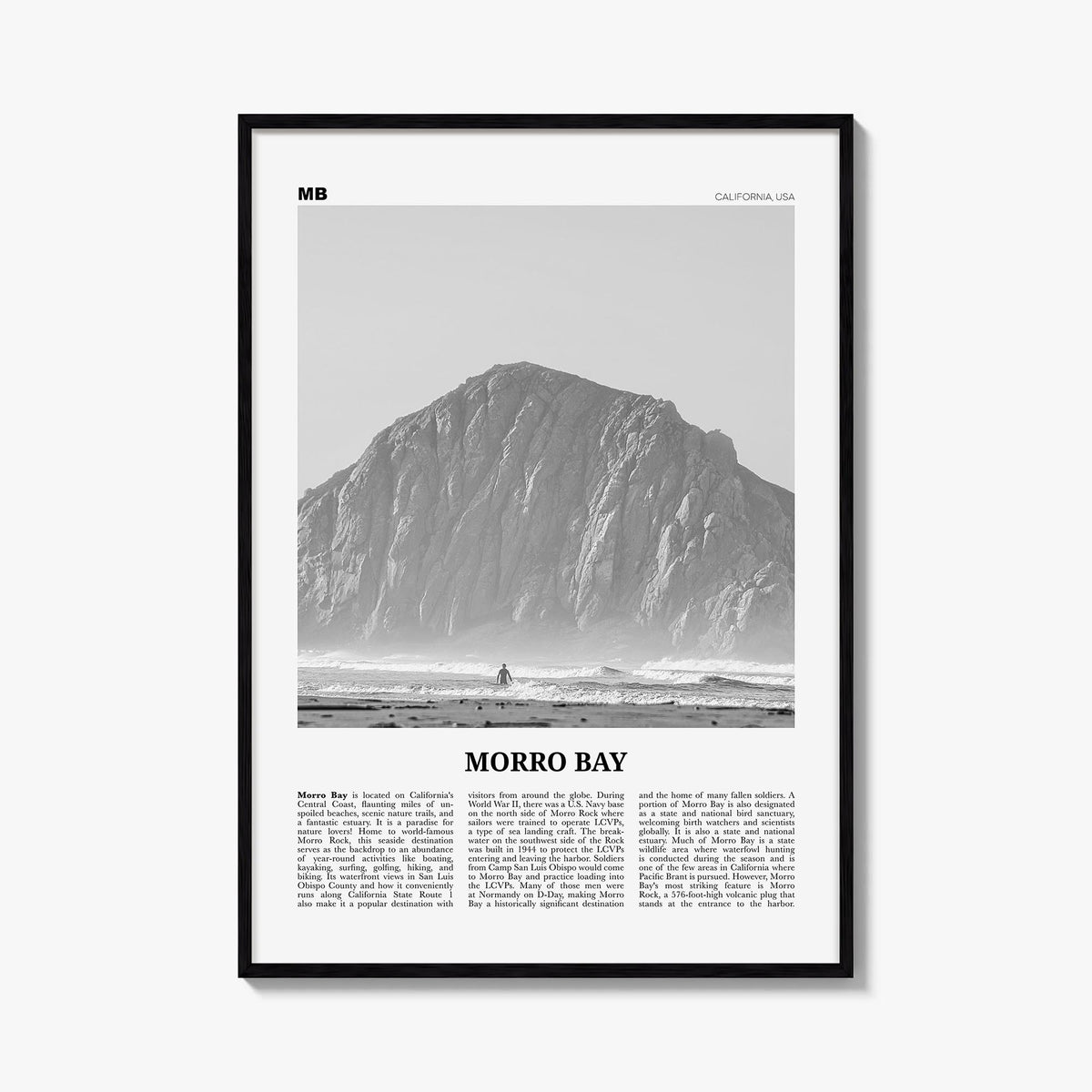 Morro Bay no. 1 black & white newspaper poster of California, USA – vertical wall art, unframed print shown in interior mocku