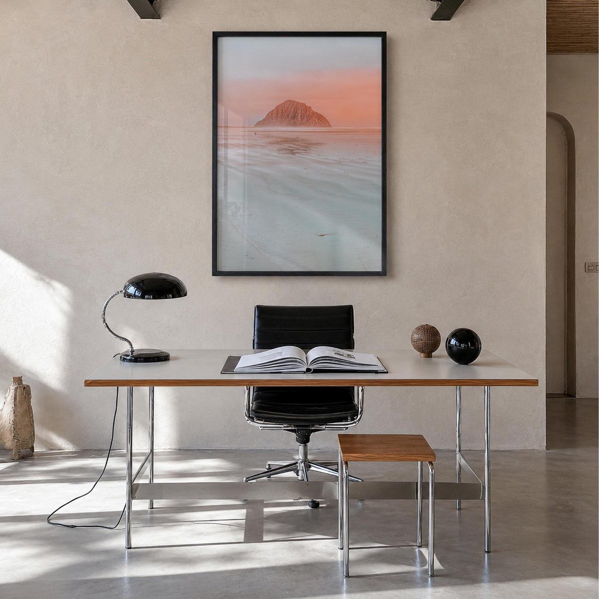 Morro Bay no. 1 colorful photo poster of California, USA – vertical wall art in black wood frame, hanging on wall