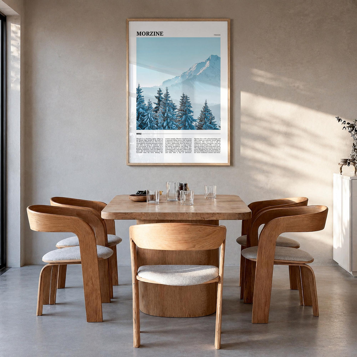 Morzine colorful travel poster of France – vertical wall art in natural wood frame, hanging on wall