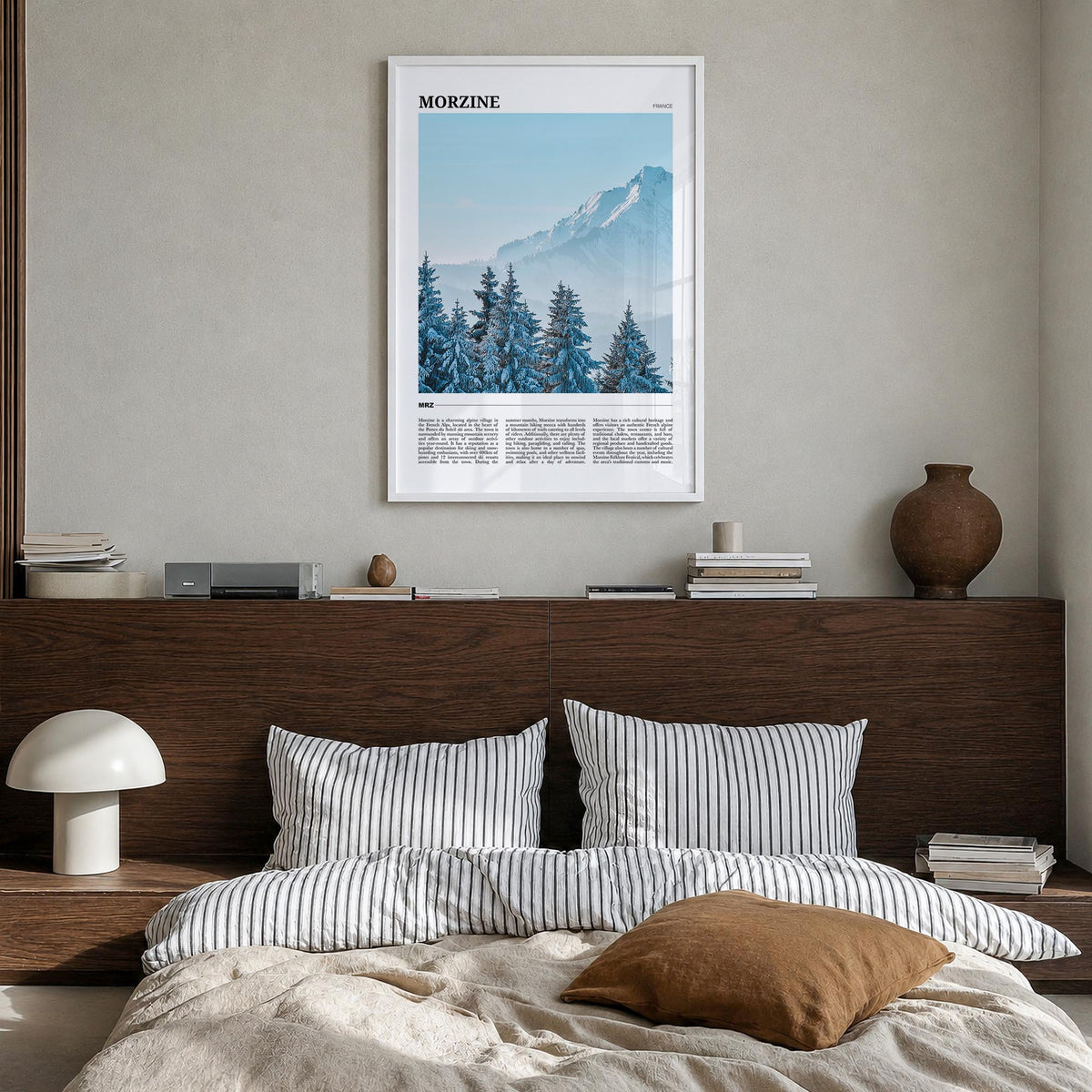 Morzine colorful travel poster of France – vertical wall art in white wood frame, hanging on wall