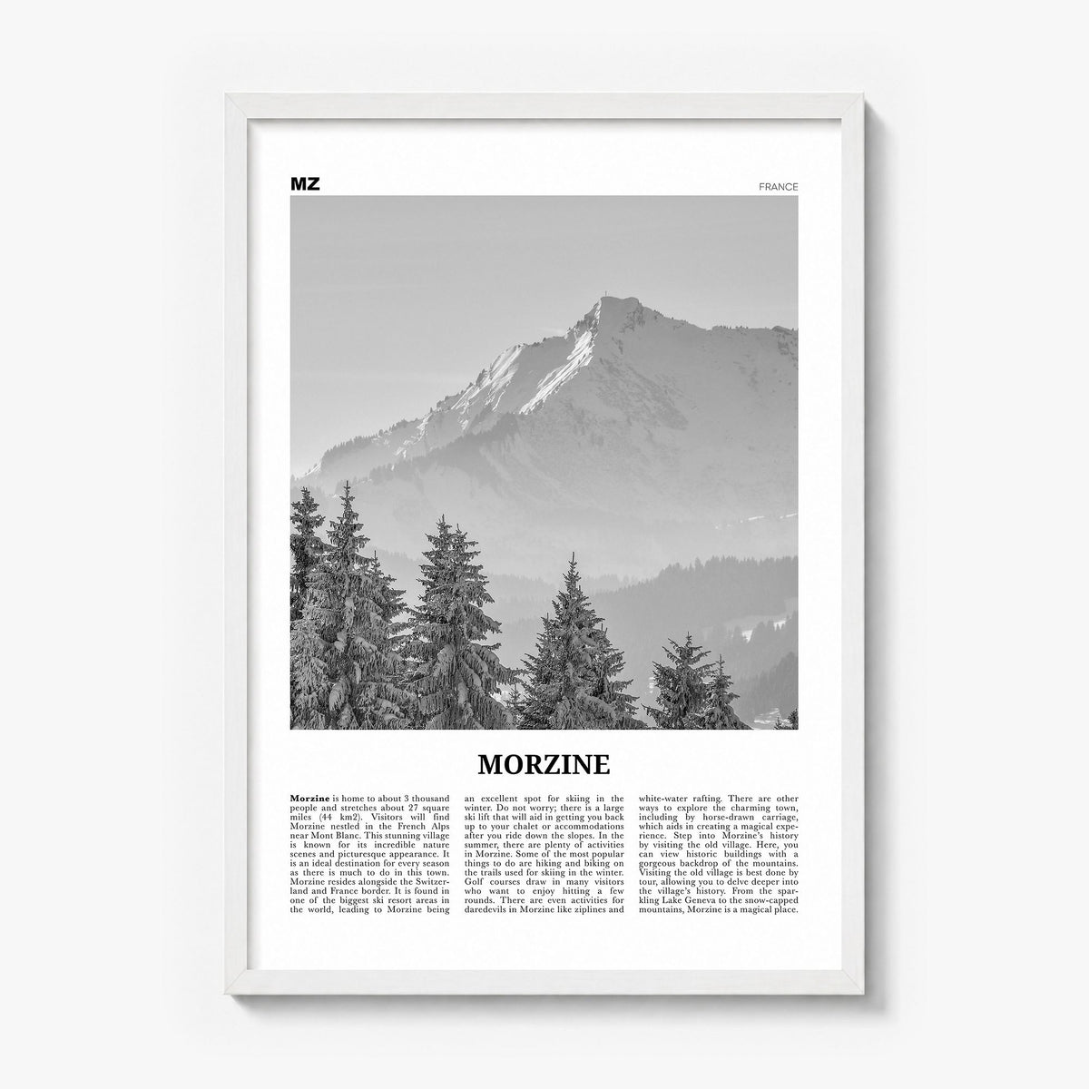 Morzine Newspaper Poster in a white wood frame
