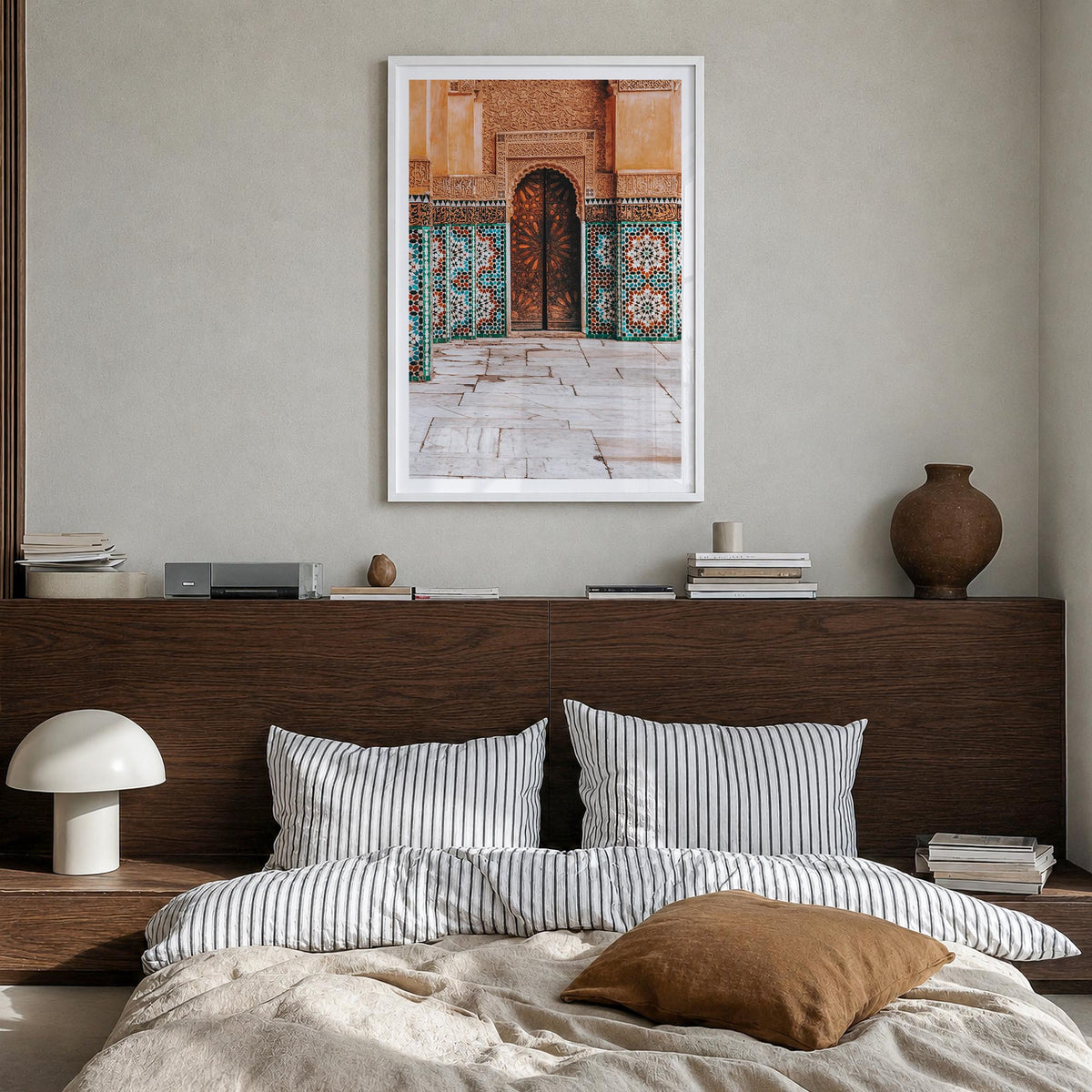 Mosaic Tiles colorful photo poster – vertical wall art in white wood frame with white border, hanging on wall