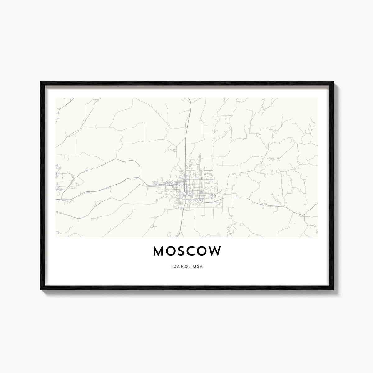 Moscow, Idaho black & white map poster of Idaho, USA – horizontal wall art, unframed print shown in interior mockup
