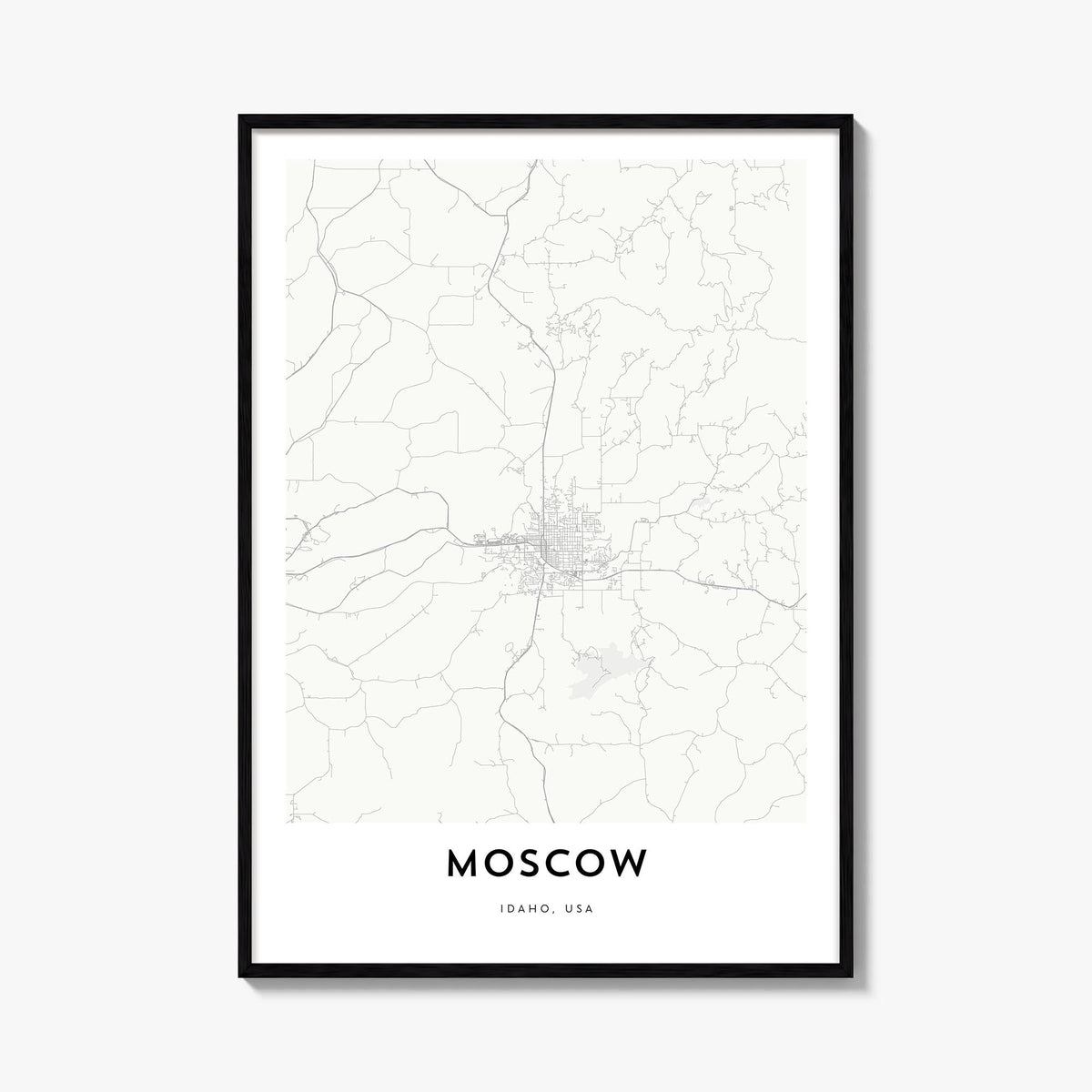 Moscow, Idaho black & white map poster of Idaho, USA – vertical wall art, unframed print shown in interior mockup