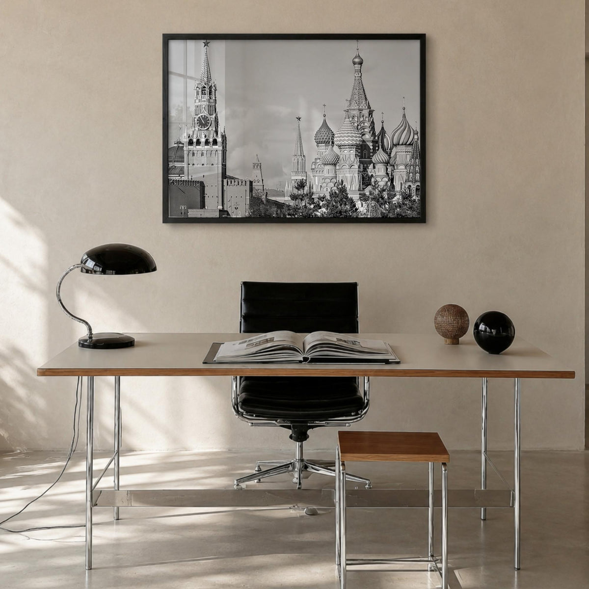 Moscow, Russia black & white photo poster of Russia – horizontal wall art in black wood frame, hanging on wall