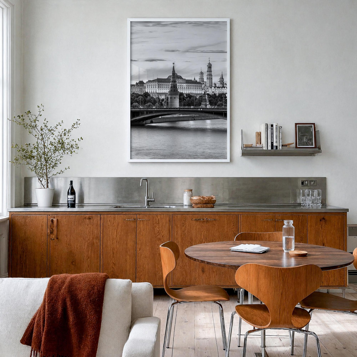 Moscow, Russia black & white photo poster of Russia – vertical wall art in white wood frame, hanging on wall