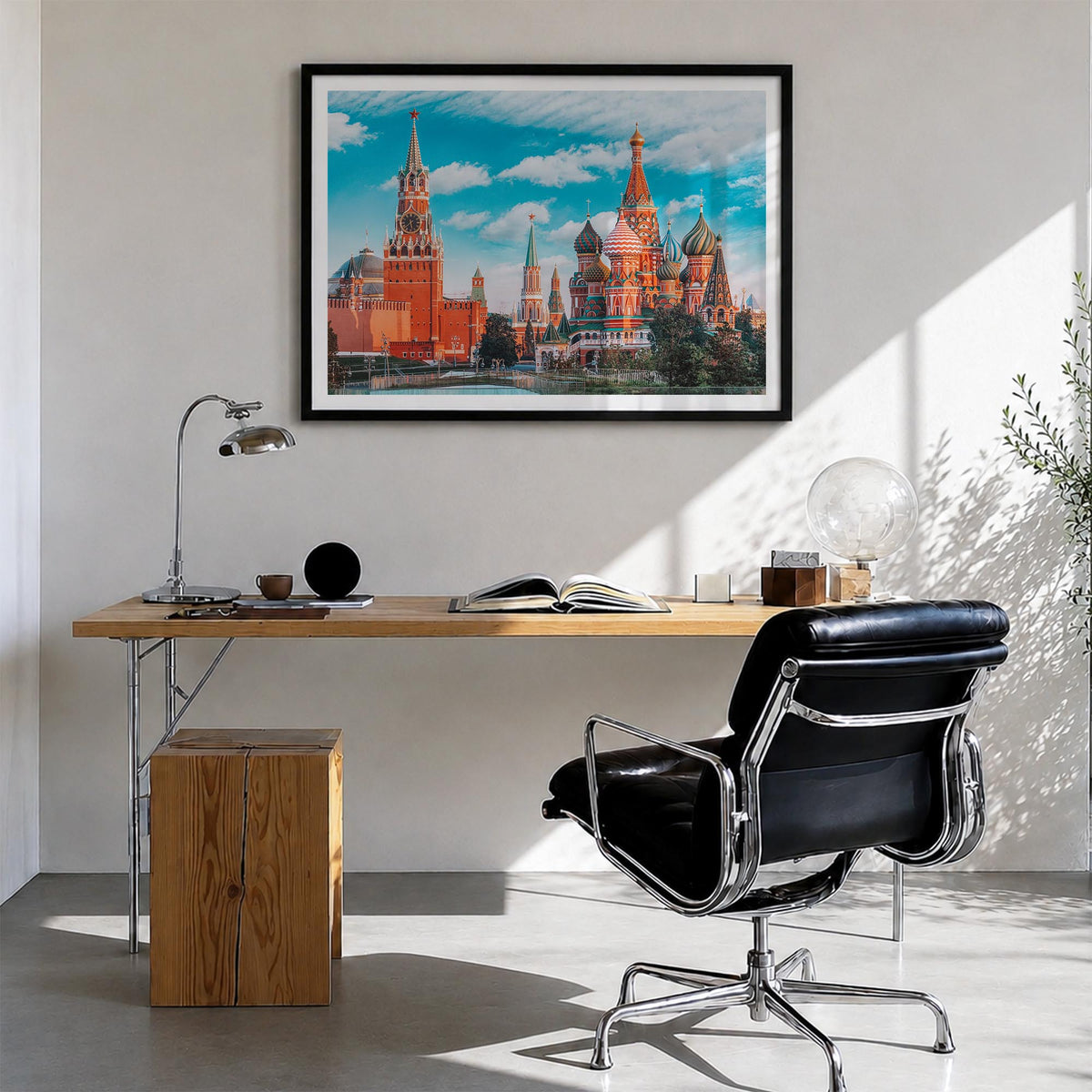 Moscow, Russia colorful photo poster of Russia – horizontal wall art in black wood frame with white border, hanging on wall