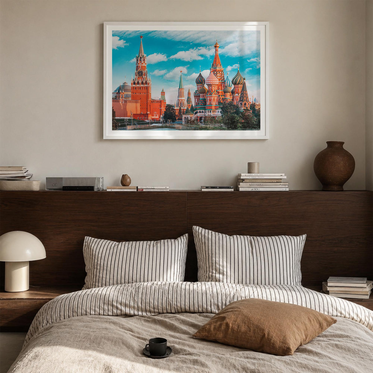 Moscow, Russia colorful photo poster of Russia – horizontal wall art in white wood frame with white border, hanging on wall