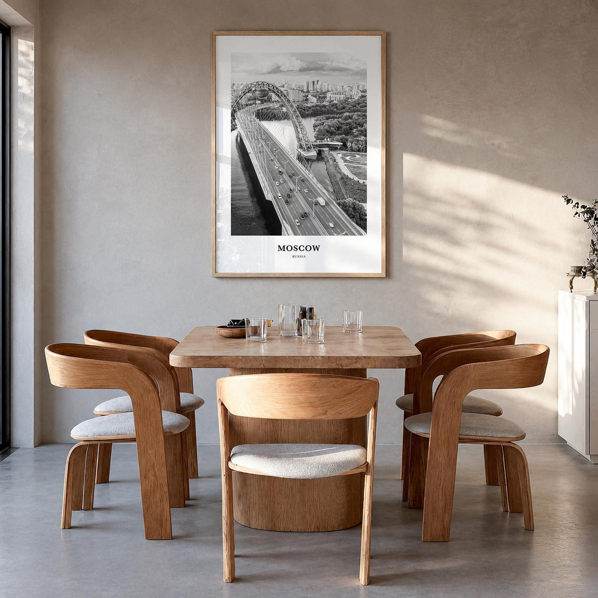 Moscow, Russia no. 1 black & white classic poster of Russia – vertical wall art in natural wood frame, hanging on wall