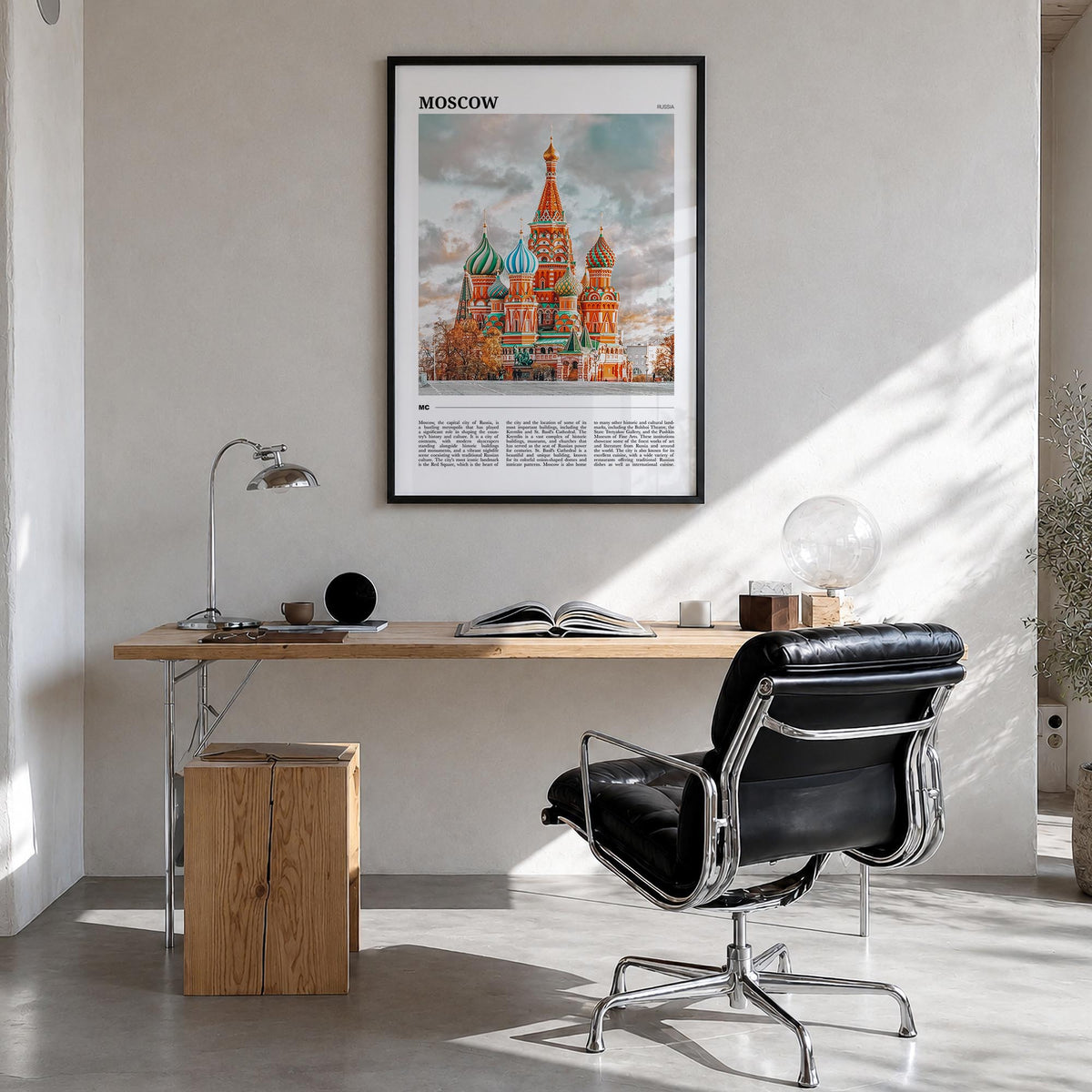 Moscow, Russia no. 1 colorful travel poster of Russia – vertical wall art in black wood frame, hanging on wall