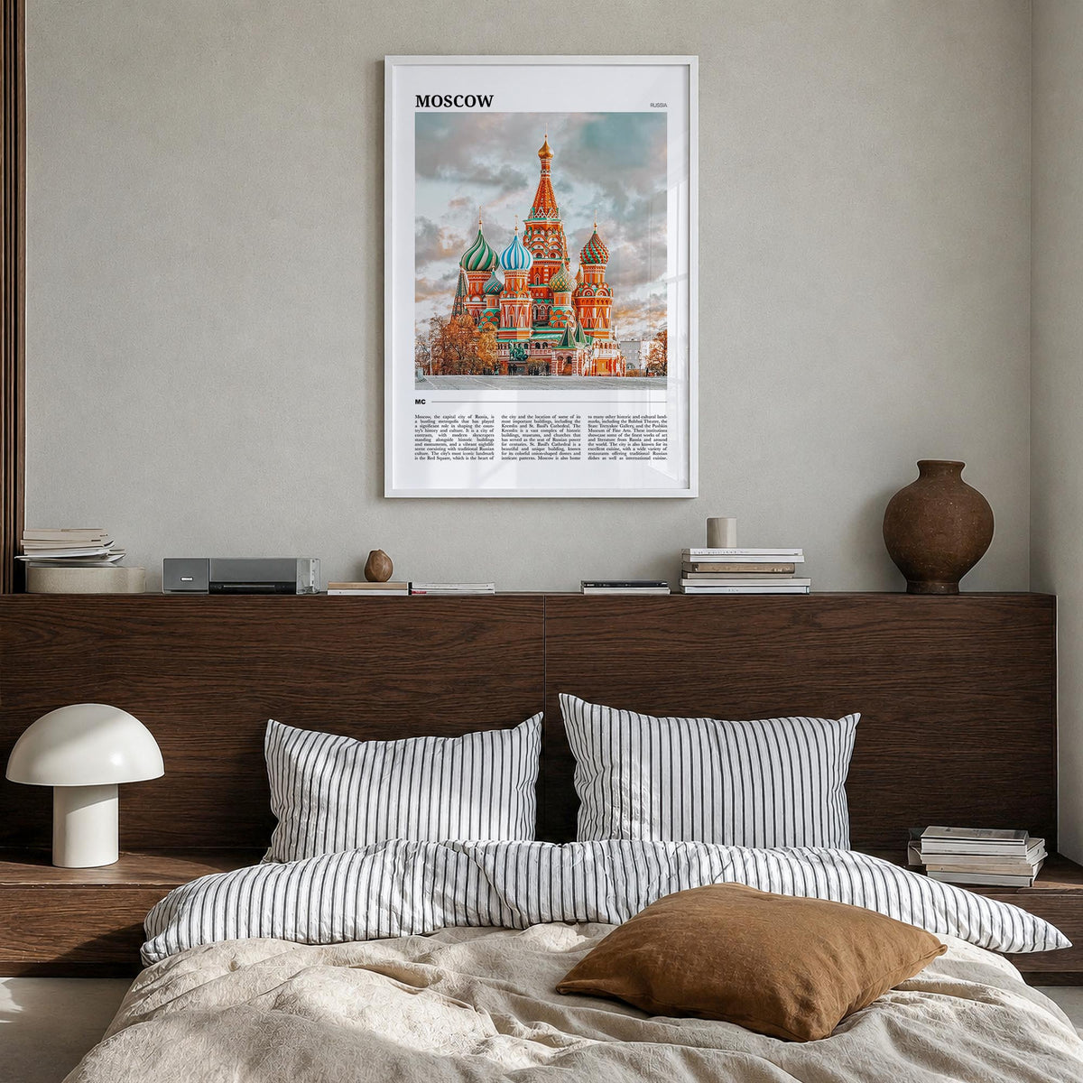 Moscow, Russia no. 1 colorful travel poster of Russia – vertical wall art in white wood frame, hanging on wall
