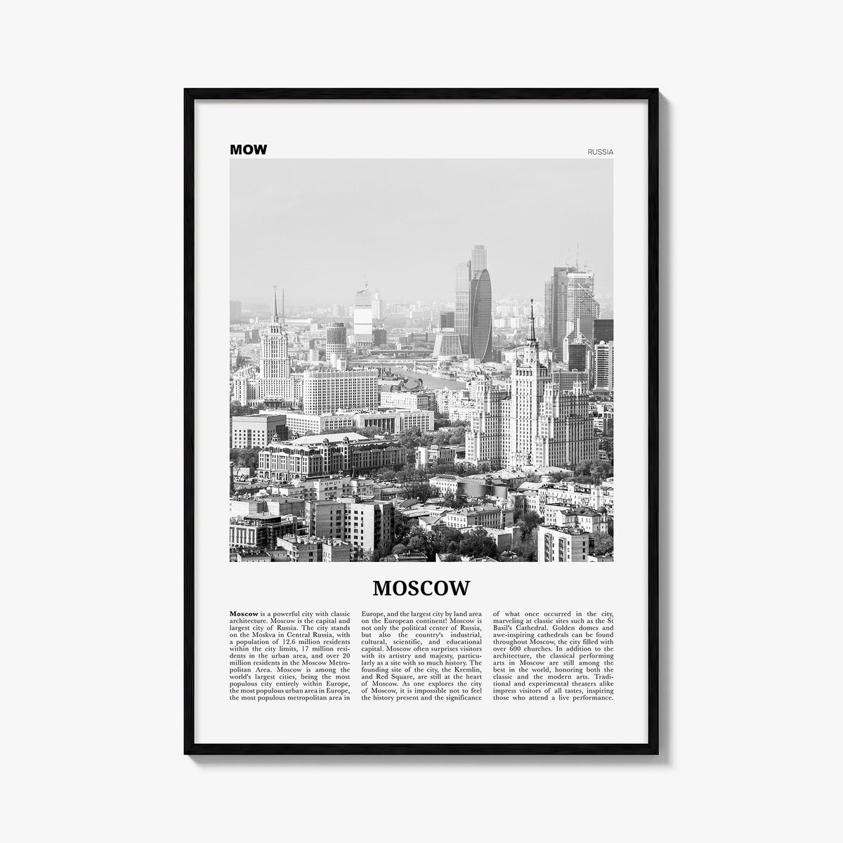 Moscow, Russia no. 2 black & white newspaper poster of Russia – vertical wall art, unframed print shown in interior mockup