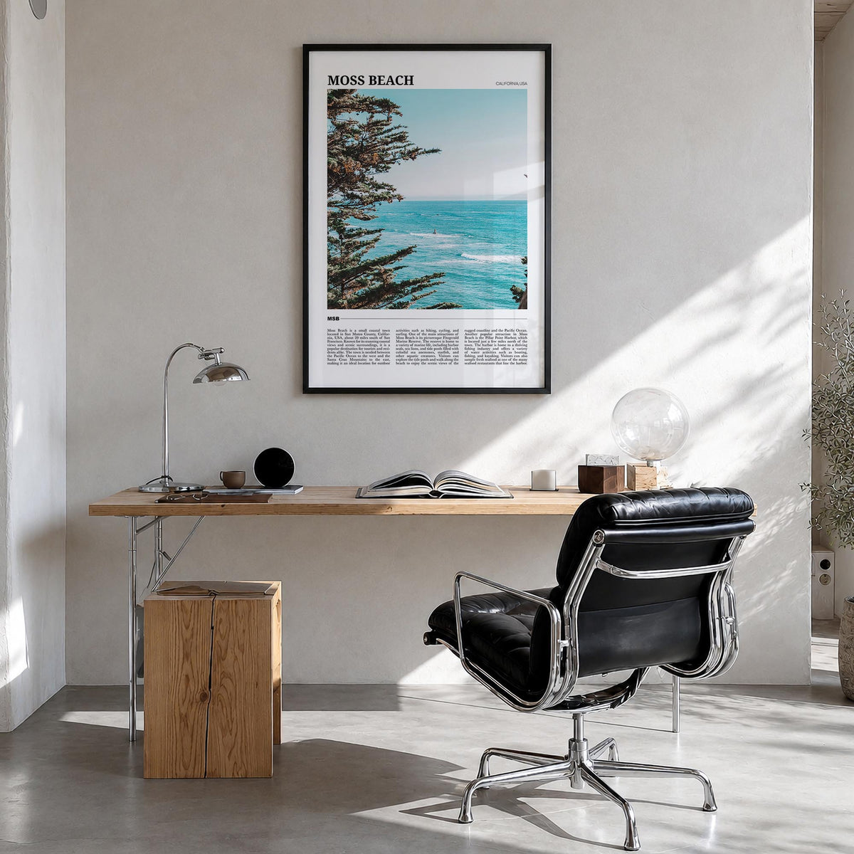 Moss Beach colorful travel poster of California, USA – vertical wall art in black wood frame, hanging on wall