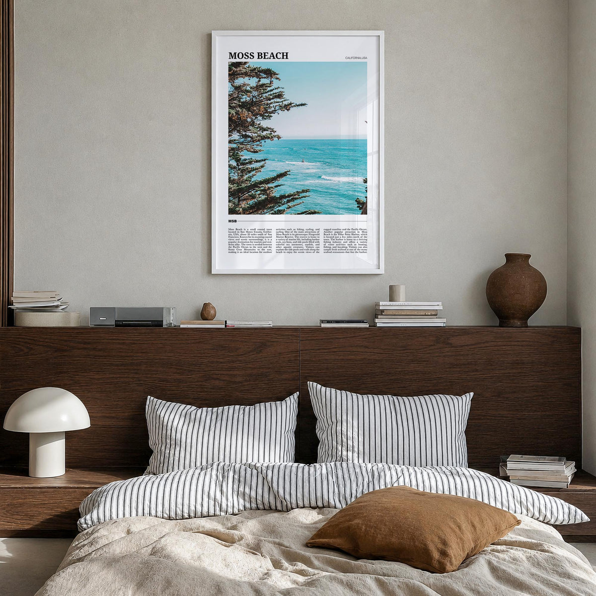 Moss Beach colorful travel poster of California, USA – vertical wall art in white wood frame, hanging on wall