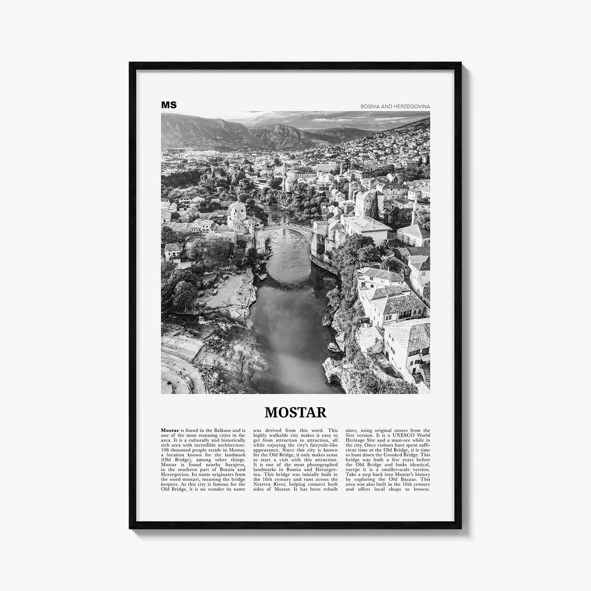 Mostar black & white newspaper poster of Bosnia and Herzegovina – vertical wall art, unframed print shown in interior mockup
