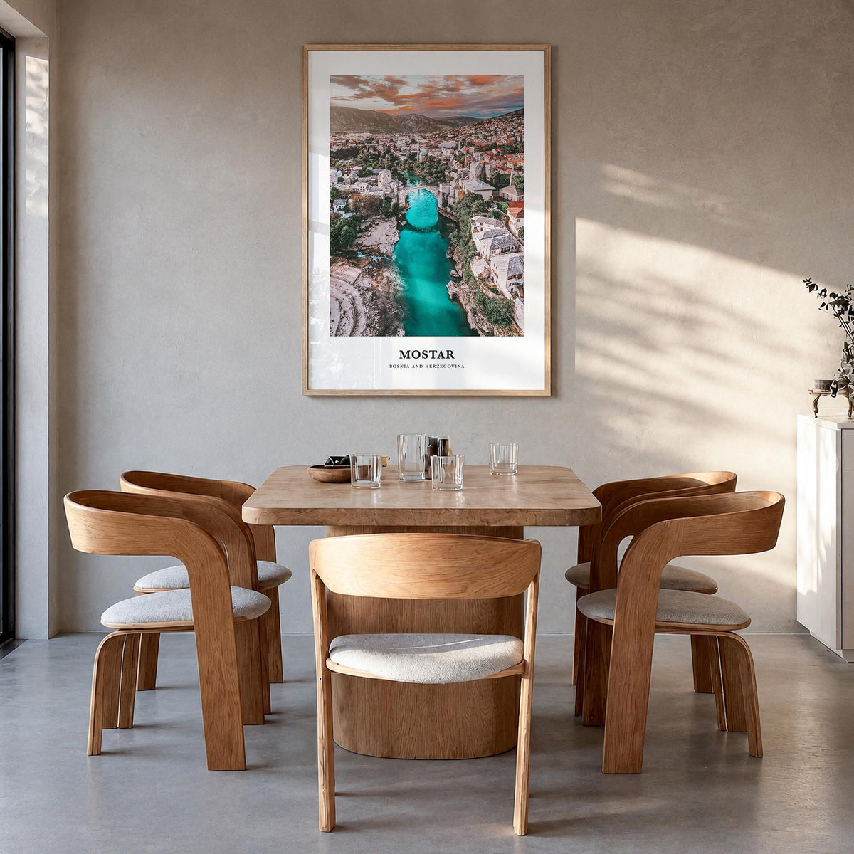 Mostar colorful classic poster of Bosnia and Herzegovina – vertical wall art in natural wood frame, hanging on wall