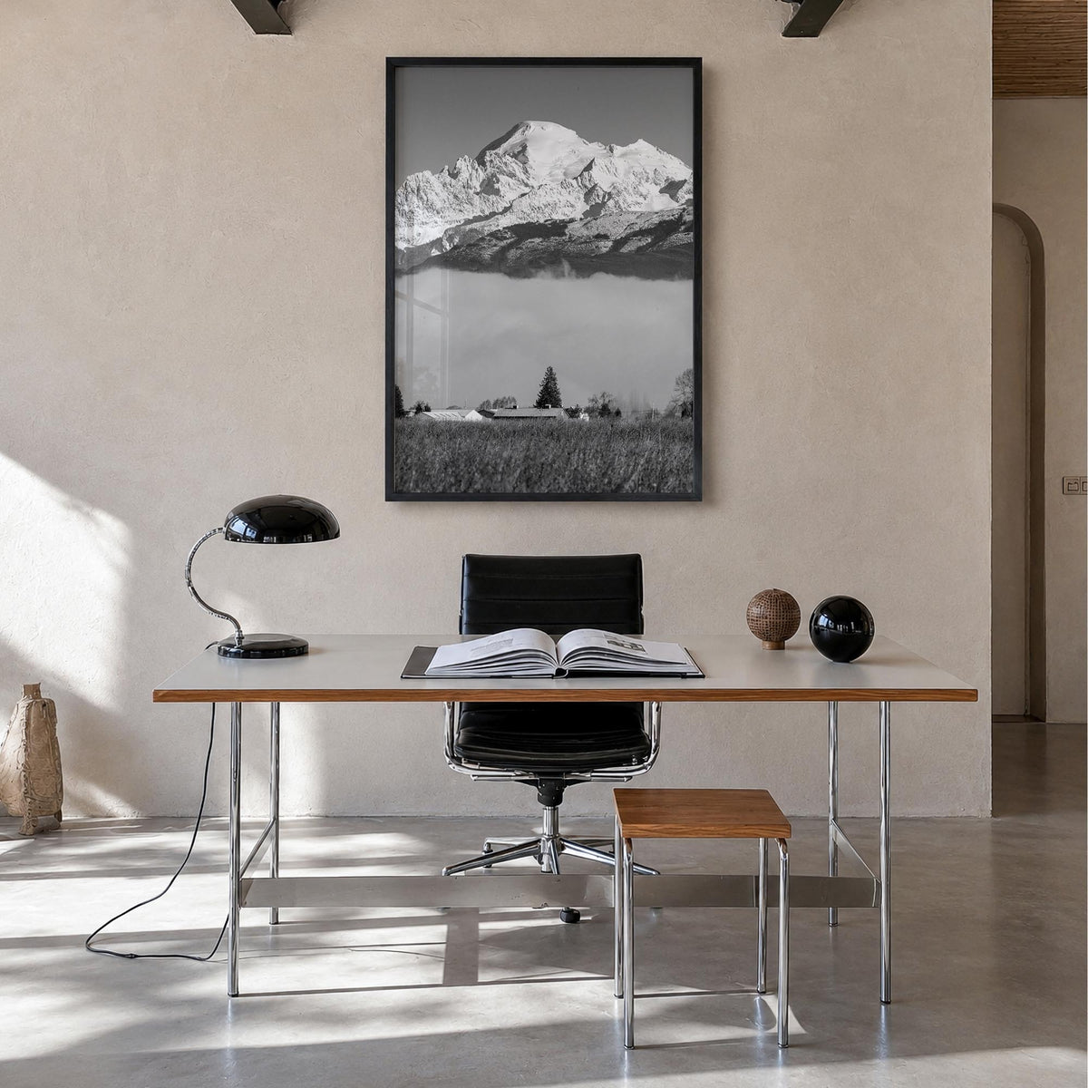 Mount Baker black & white photo poster of Washington, USA – vertical wall art in black wood frame, hanging on wall