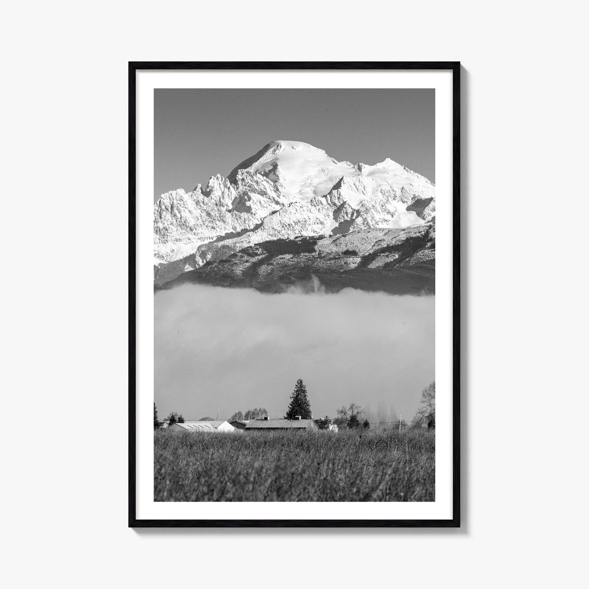 Mount Baker black & white photo poster of Washington, USA – vertical wall art, unframed print shown in interior mockup