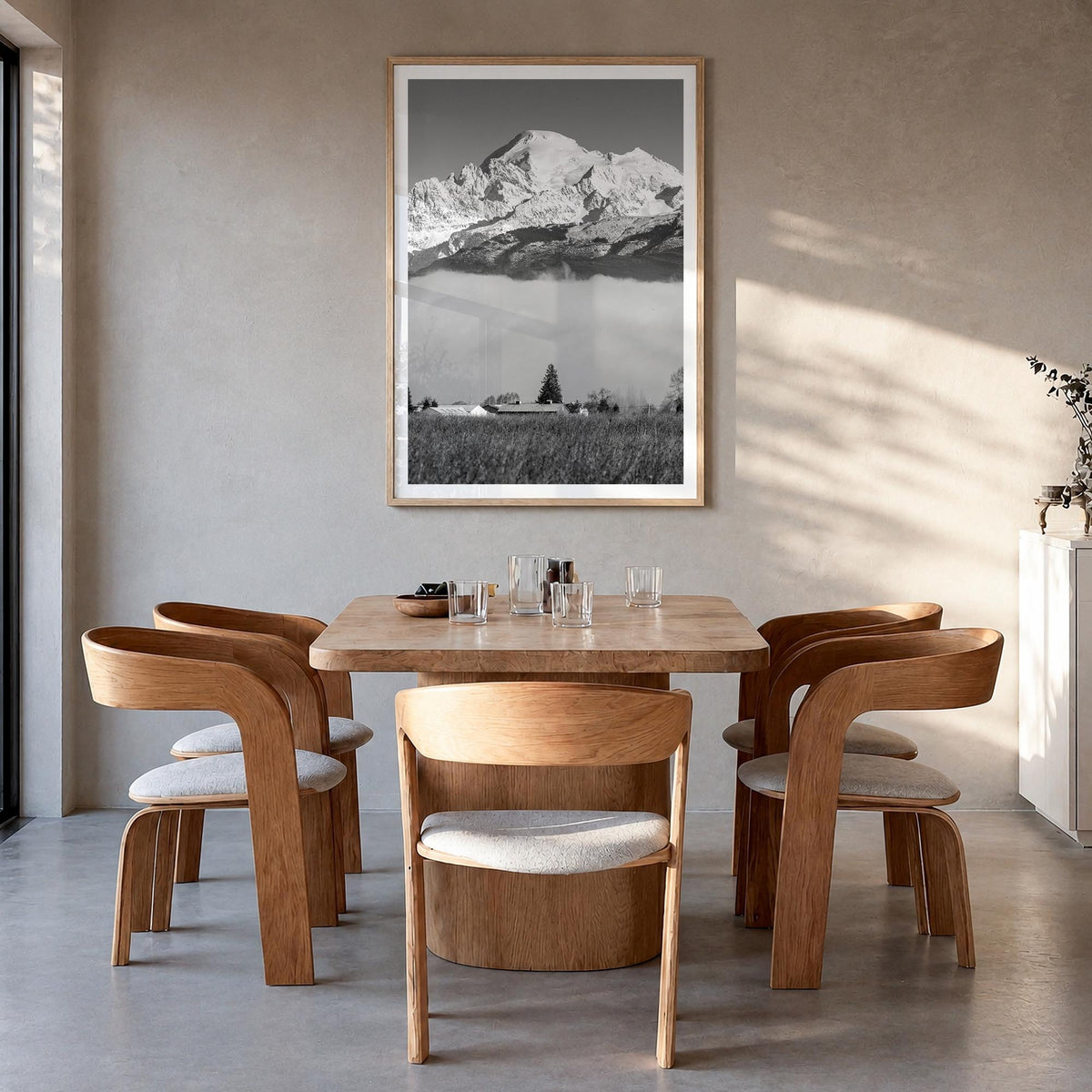 Mount Baker black & white photo poster of Washington, USA – vertical wall art in natural wood frame with white border, hangin