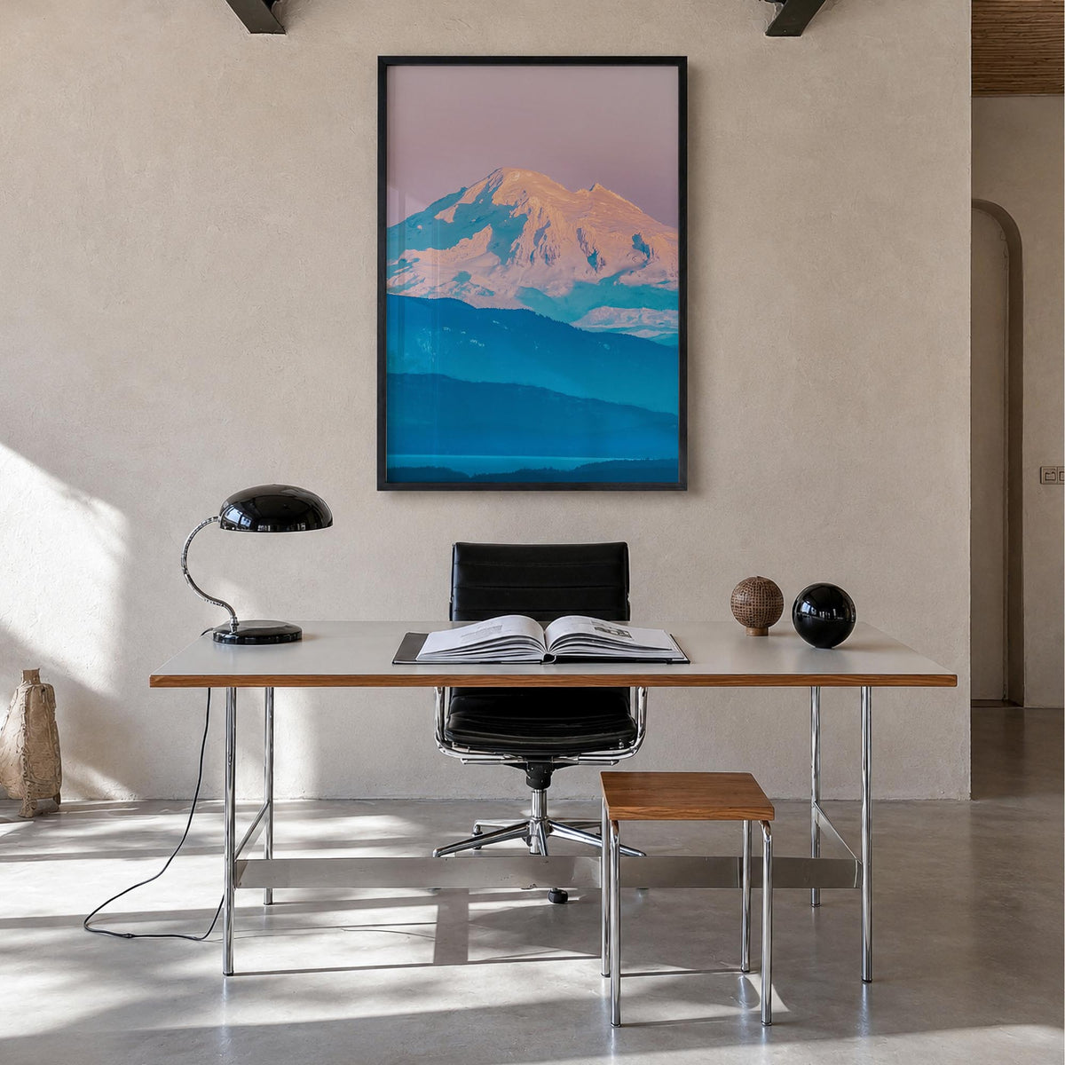 Mount Baker colorful photo poster of Washington, USA – vertical wall art in black wood frame, hanging on wall