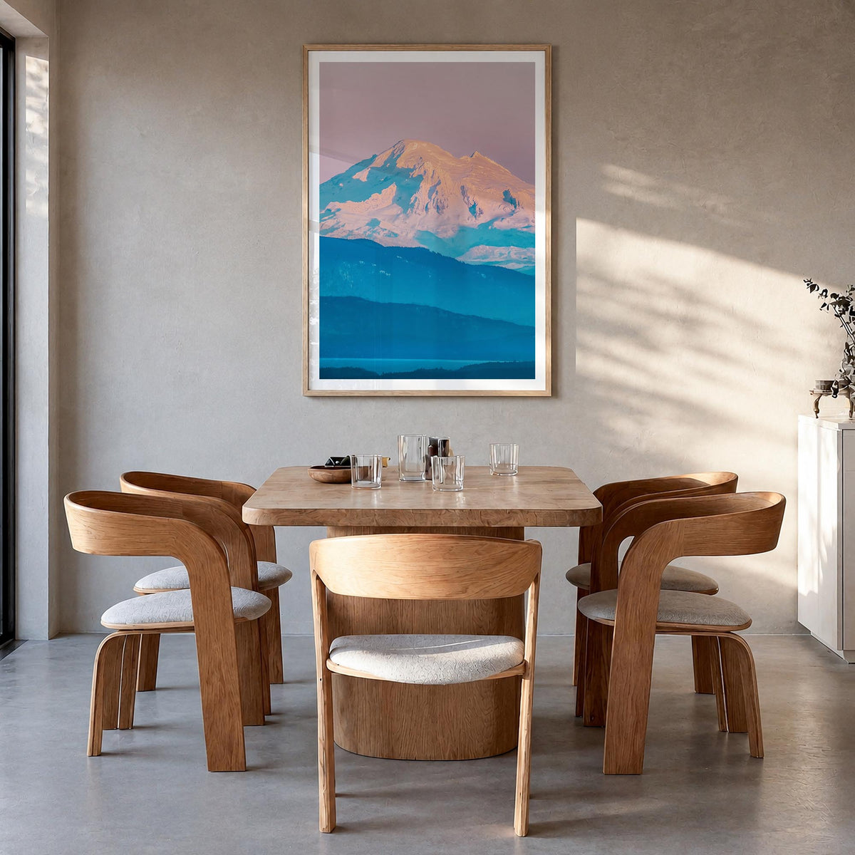 Mount Baker colorful photo poster of Washington, USA – vertical wall art in natural wood frame with white border, hanging on