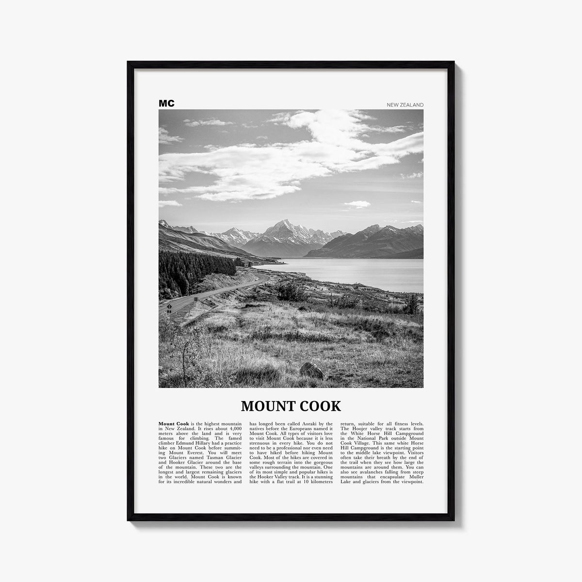 Mount Cook black & white newspaper poster of New Zealand – vertical wall art, unframed print shown in interior mockup