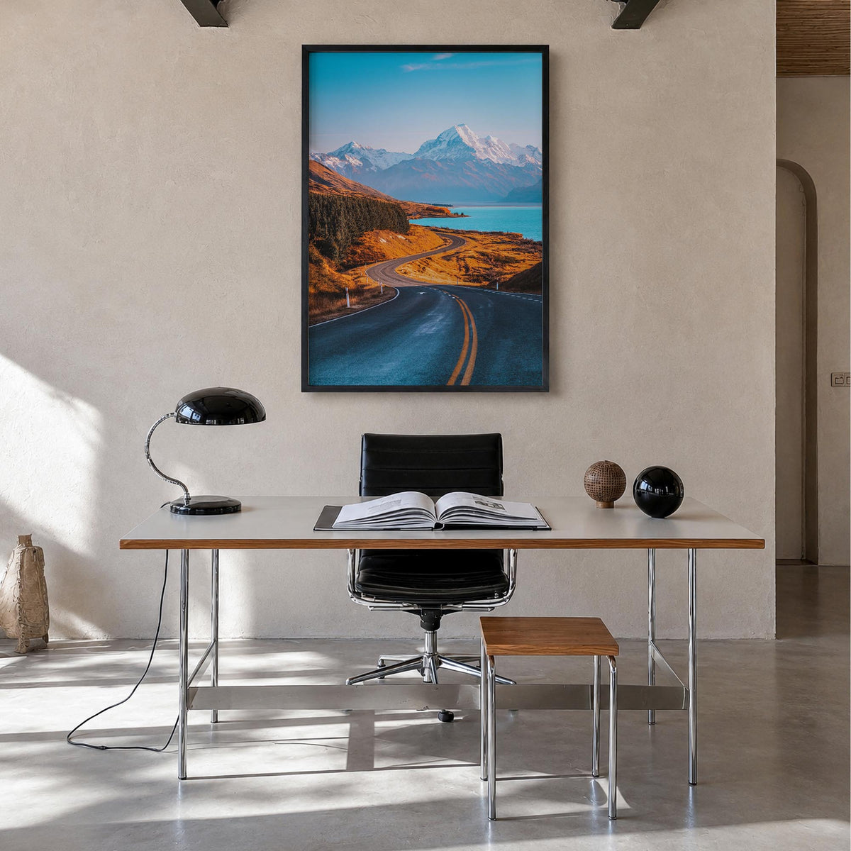 Mount Cook colorful photo poster of New Zealand – vertical wall art in black wood frame, hanging on wall