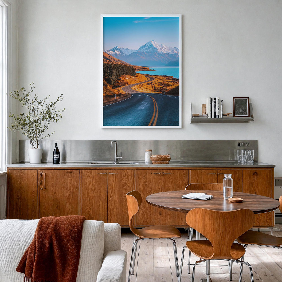 Mount Cook colorful photo poster of New Zealand – vertical wall art in white wood frame, hanging on wall