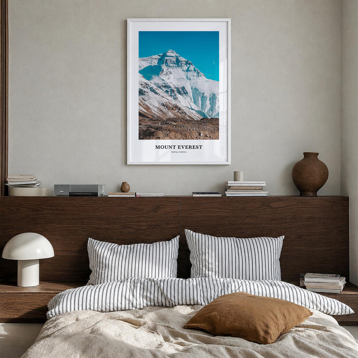 Mount Everest colorful classic poster of Nepal & China – vertical wall art in white wood frame, hanging on wall