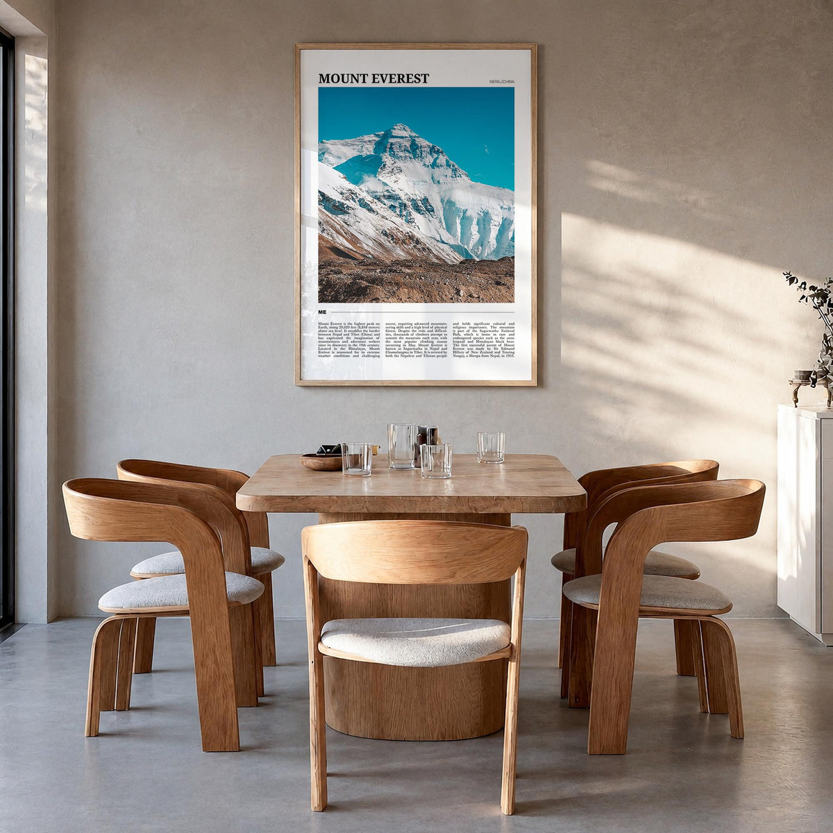 Mount Everest colorful travel poster of Nepal & China – vertical wall art in natural wood frame, hanging on wall