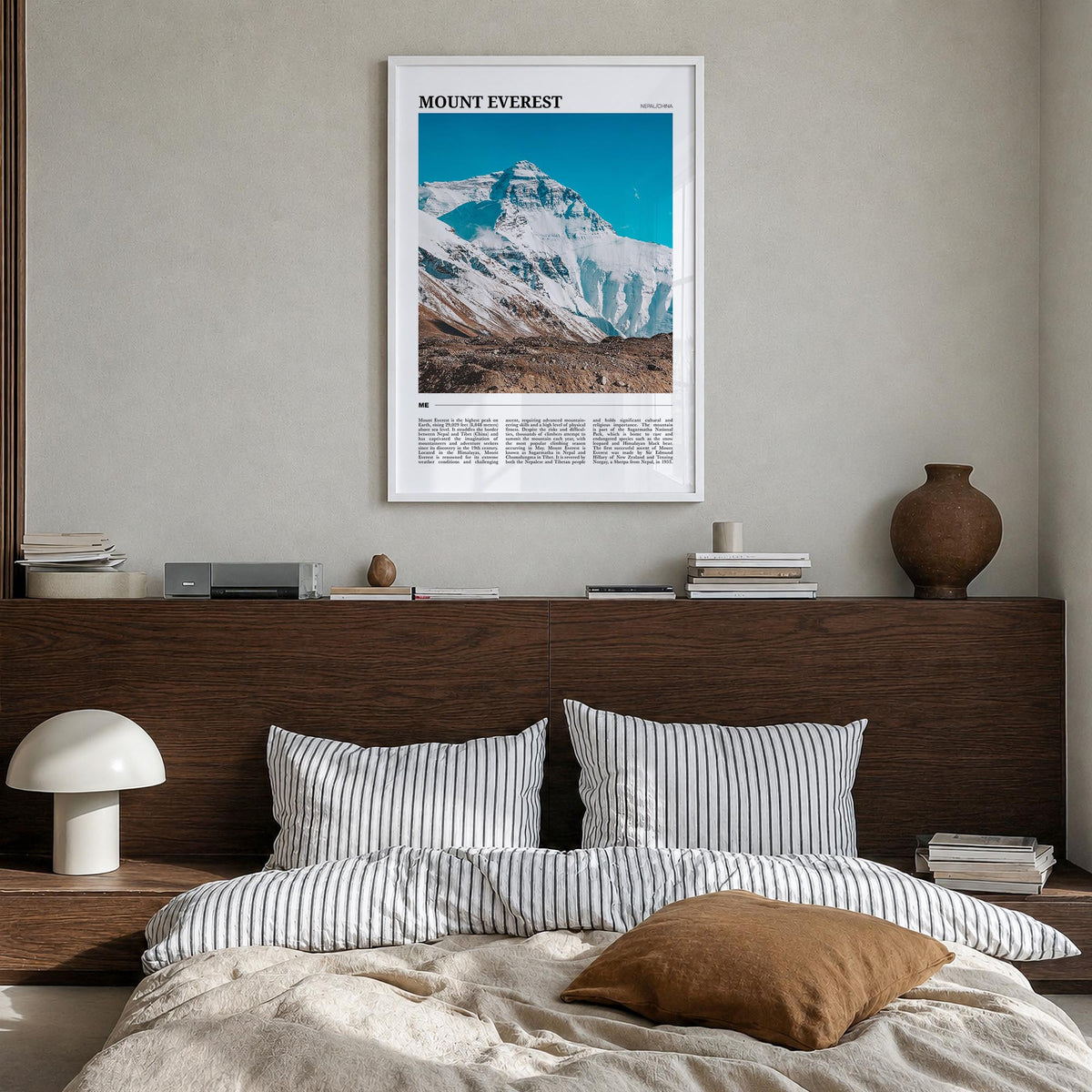 Mount Everest colorful travel poster of Nepal & China – vertical wall art in white wood frame, hanging on wall