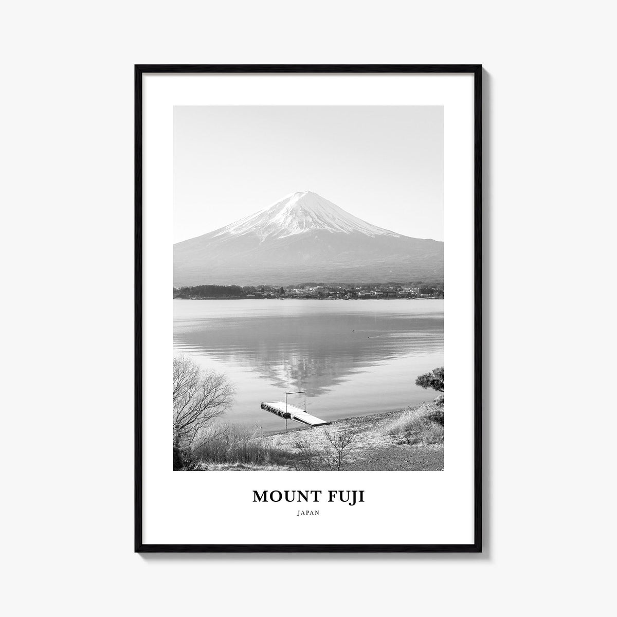 Mount Fuji black & white classic poster of Japan – vertical wall art, unframed print shown in interior mockup