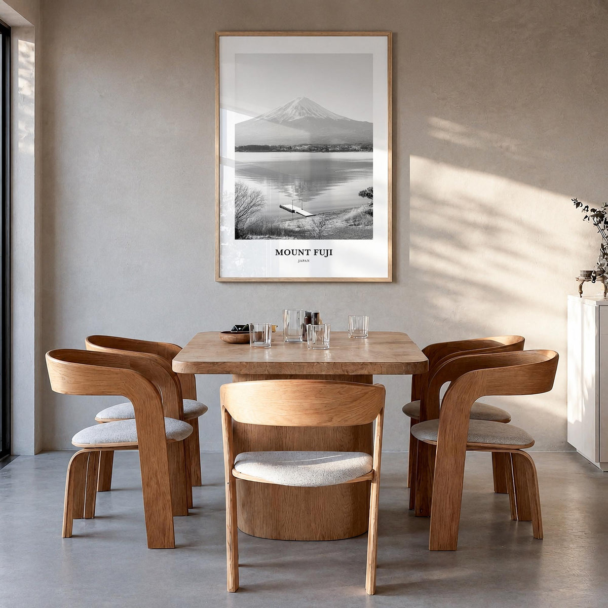 Mount Fuji black & white classic poster of Japan – vertical wall art in natural wood frame, hanging on wall
