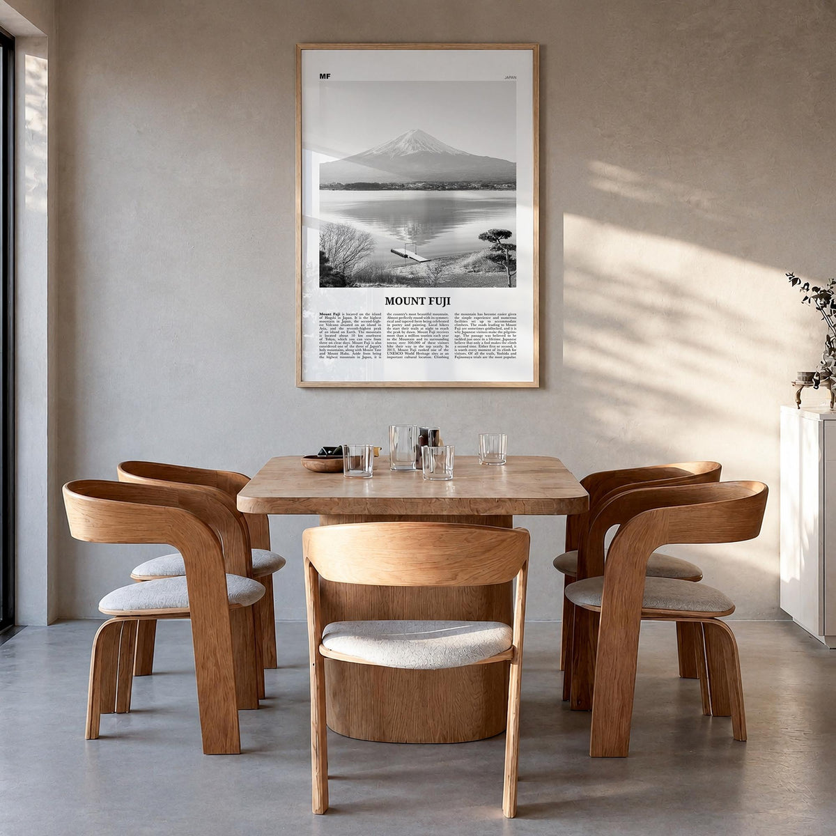 Mount Fuji black & white newspaper poster of Japan – vertical wall art in natural wood frame, hanging on wall