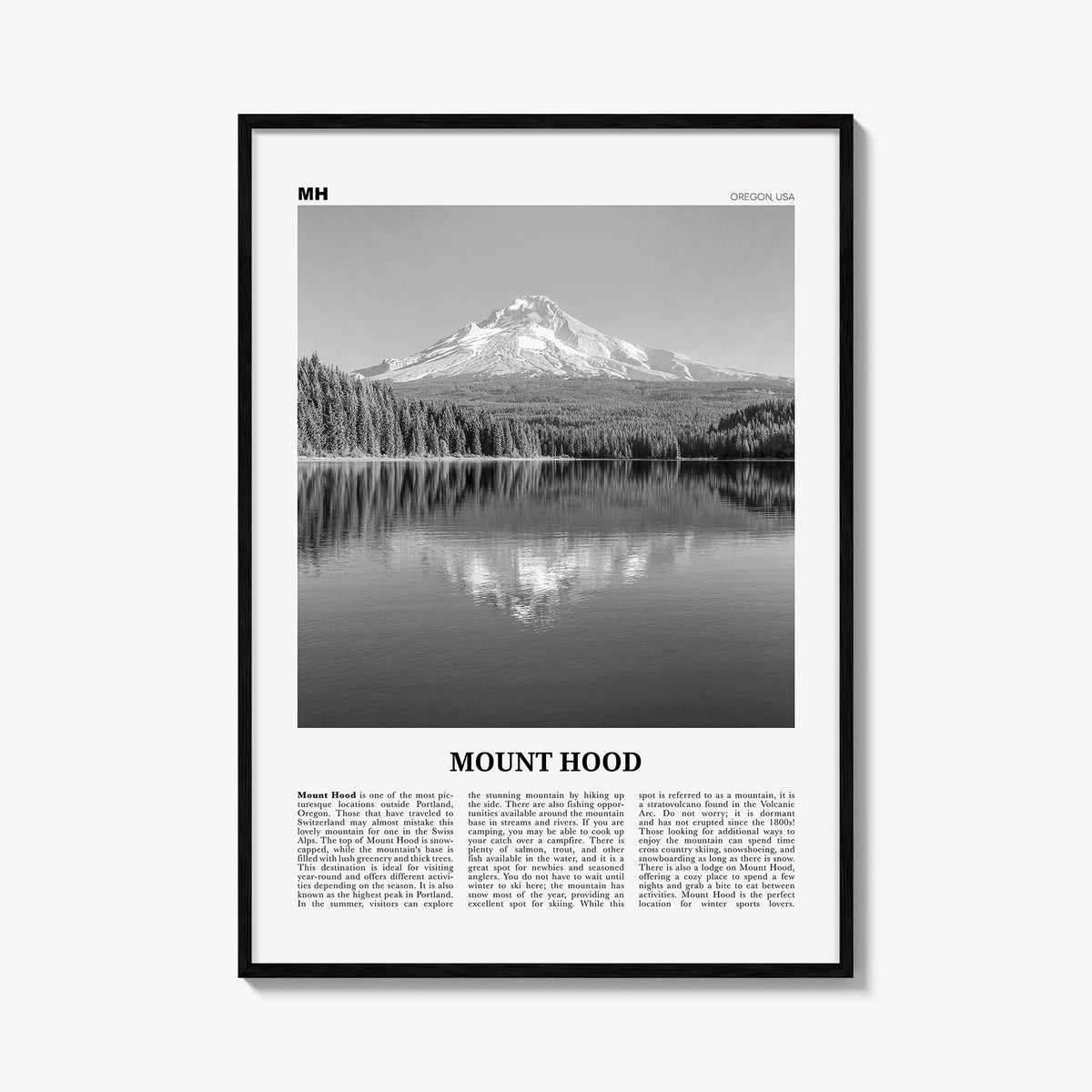 Mount Hood black & white newspaper poster of Oregon, USA – vertical wall art, unframed print shown in interior mockup