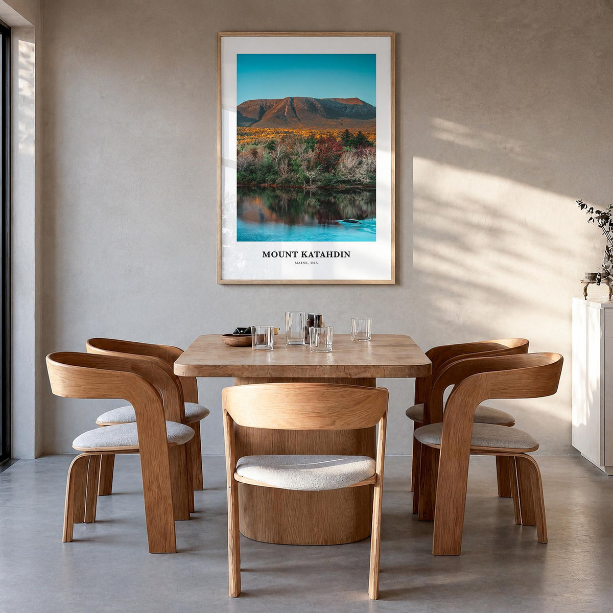 Mount Katahdin colorful classic poster of Maine, USA – vertical wall art in natural wood frame, hanging on wall