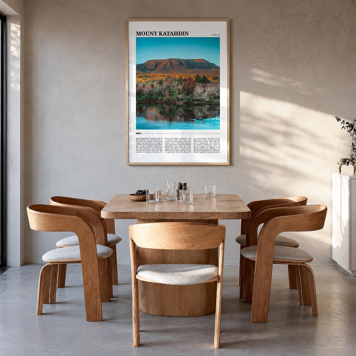 Mount Katahdin colorful travel poster of Maine, USA – vertical wall art in natural wood frame, hanging on wall