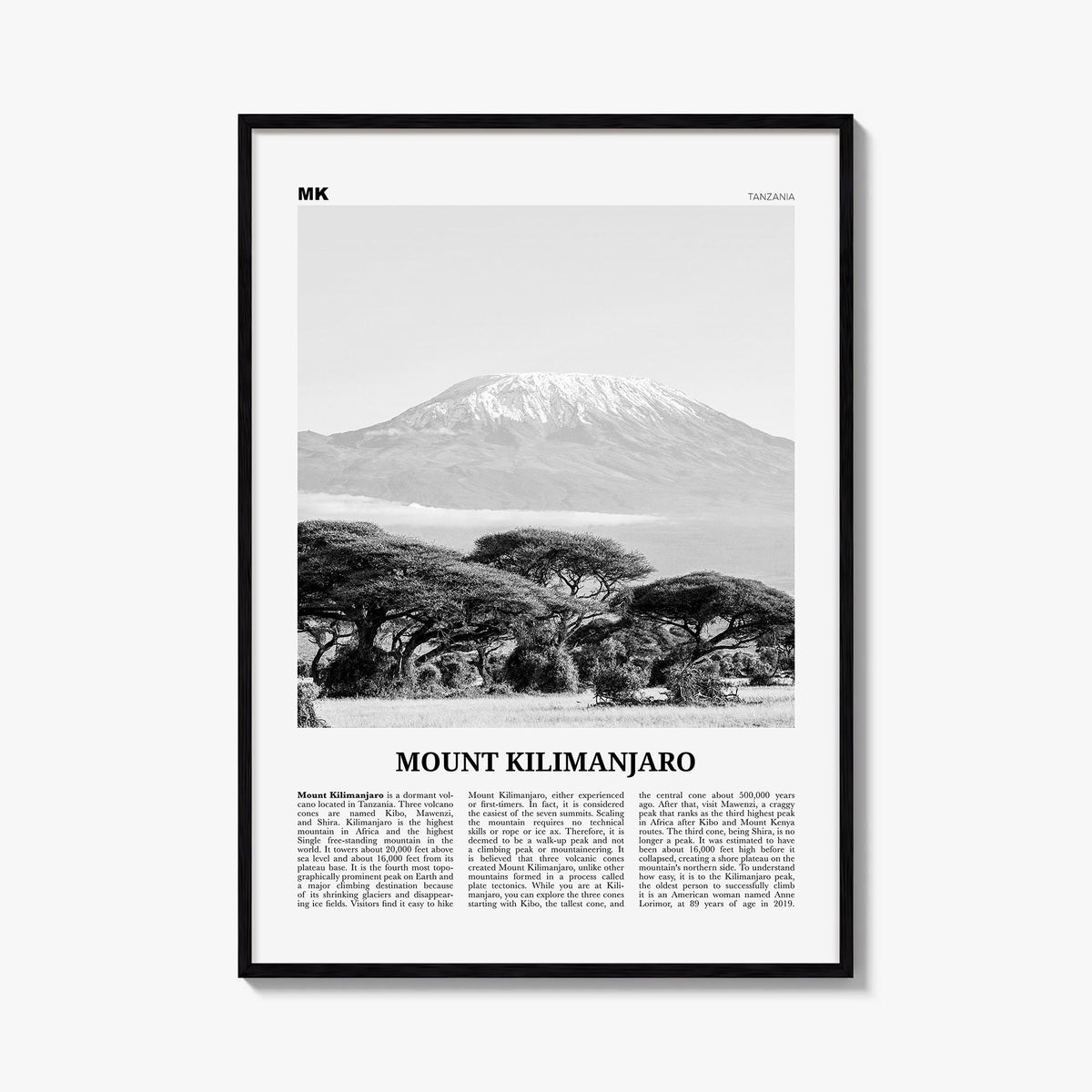 Mount Kilimanjaro black & white newspaper poster of Tanzania – vertical wall art, unframed print shown in interior mockup